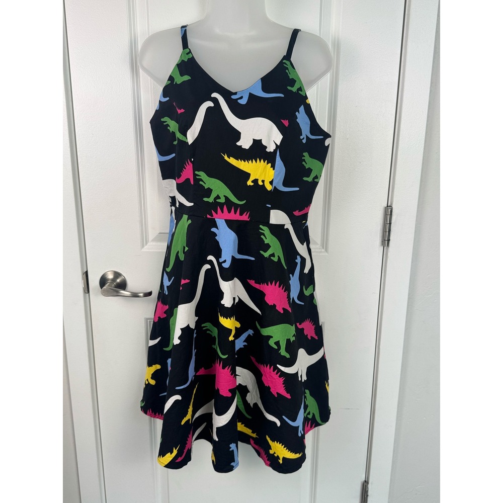 Goobgs Dinosaur Cocktail Swing Dress Womens XL Spaghetti Strap Retro Pockets